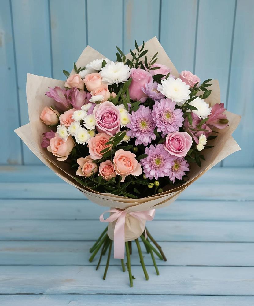 Букет цветов из: Хризантемы, Розы и Альстромерии в Малом Верево