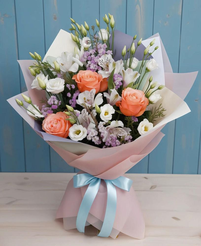 Букет цветов из: Лизиантусы, Розы, Альстромерии и Гипсофила в Малом Верево