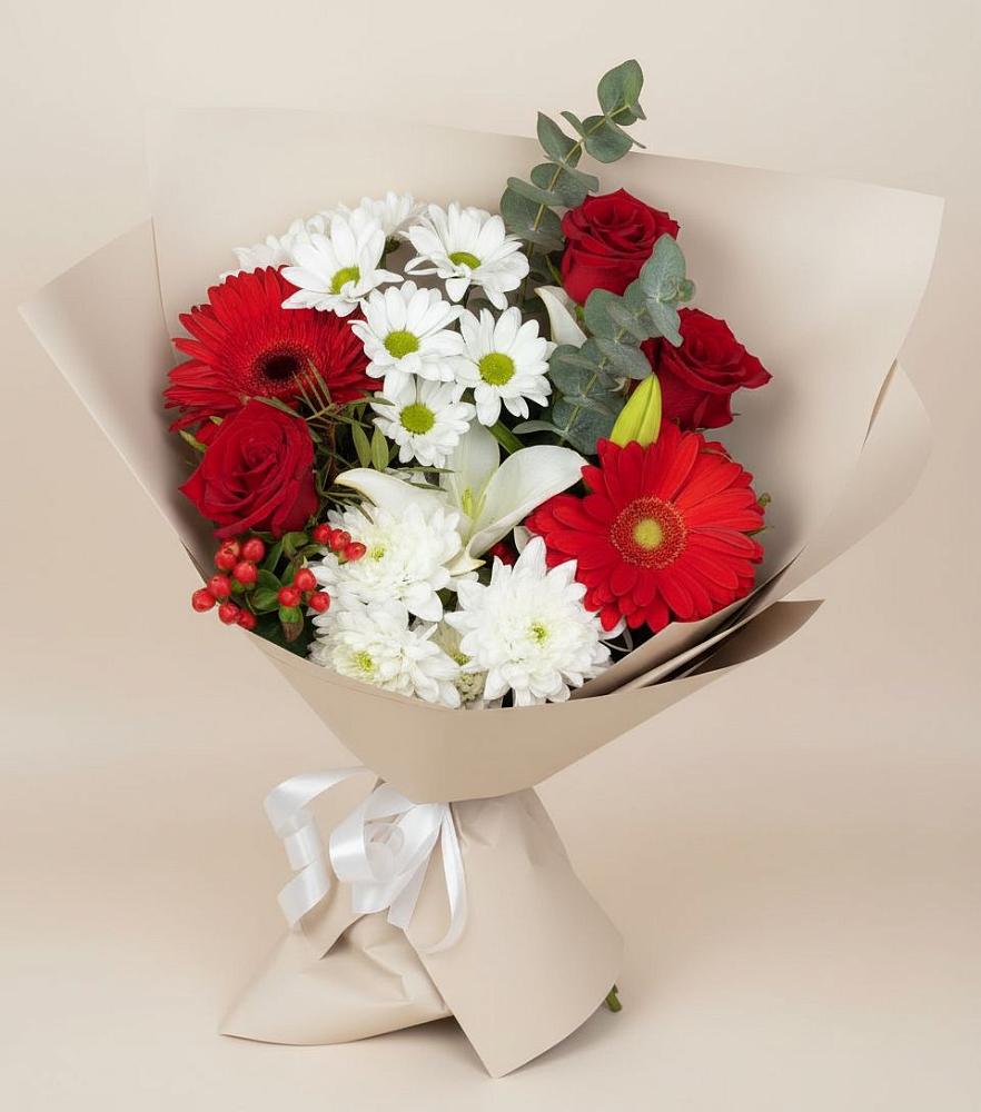 Букет цветов из: Розы, Хризантемы, Герберы и Лилии в Малом Верево