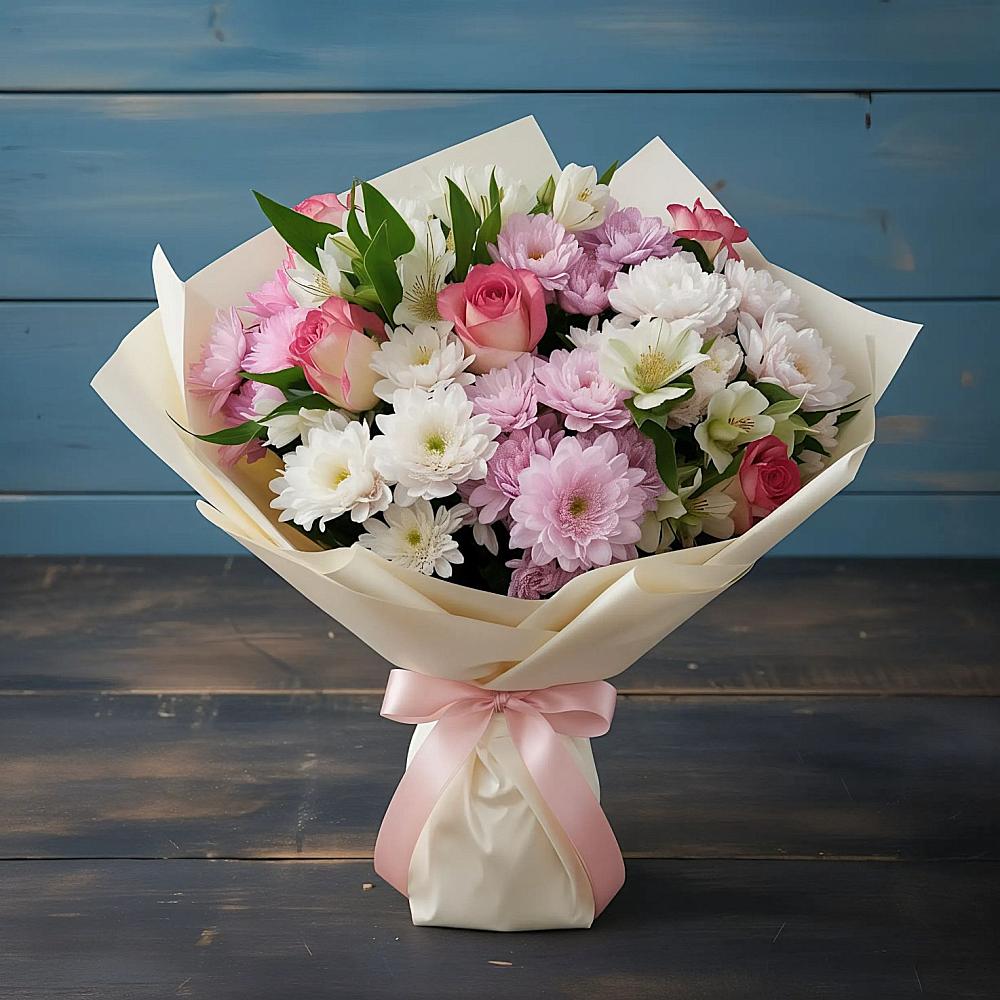 Букет цветов из: Хризантемы, Альстромерии и Розы в Малом Верево